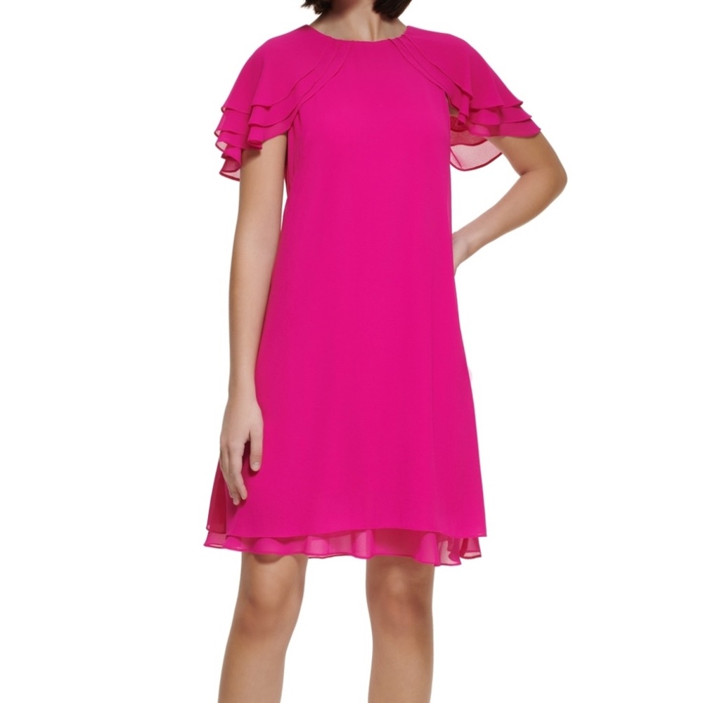 Jessica Howard Womens Size 16 Tiered Chiffon Dress Fuchsia Pink Short Sleeves